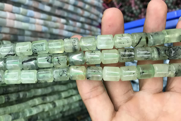 CTB601 15.5 inches 9*11mm tube green rutilated quartz beads