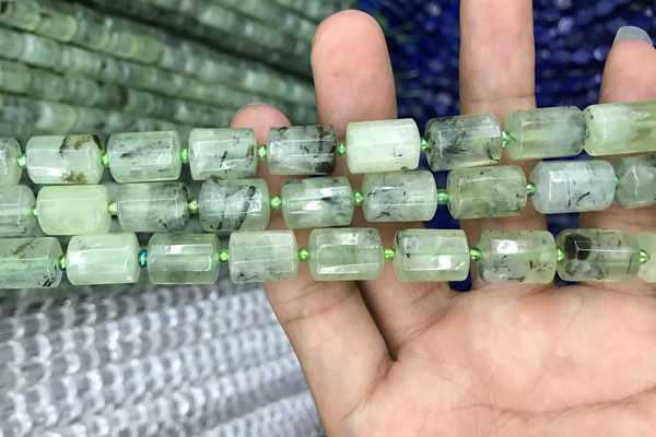 CTB609 15.5 inches 10*14mm faceted tube green rutilated quartz beads