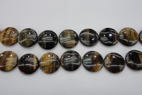 CTE1352 15.5 inches 30mm flat round yellow & blue tiger eye beads
