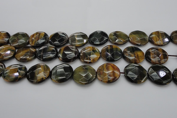 CTE1357 15.5 inches 25mm faceted coin yellow & blue tiger eye beads
