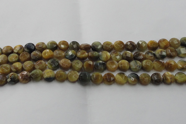 CTE1573 15.5 inches 10mm faceted coin golden & blue tiger eye beads