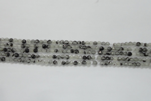 CTG208 15.5 inches 4mm faceted round tiny black rutilated quartz beads