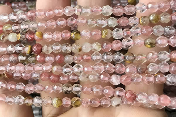 CTG2502 15.5 inches 4mm faceted round volcano cherry quartz beads