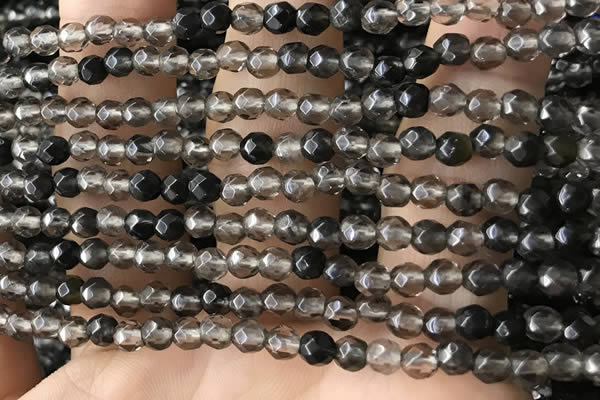 CTG2506 15.5 inches 4mm faceted round smoky quartz beads