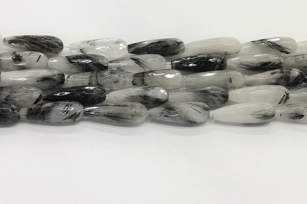CTR156 15.5 inches 10*30mm faceted teardrop black rutilated quartz beads