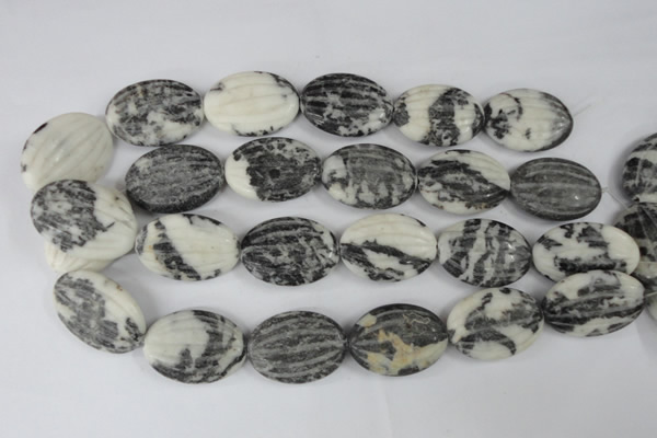 CZJ232 25*35mm carved oval black & white zebra jasper beads