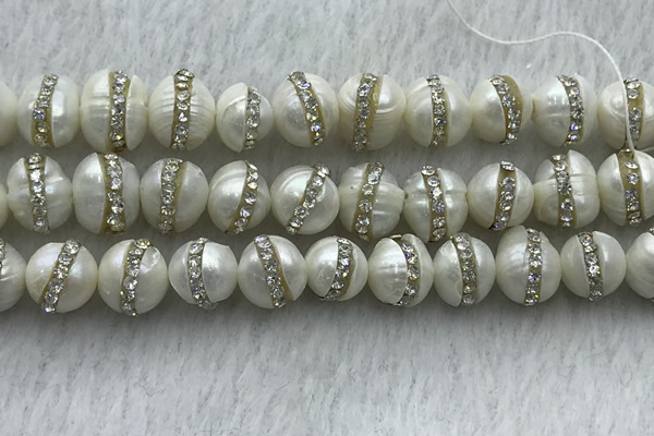 FWP345 9mm - 10mm potato white freshwater pearl with rhinestone beads