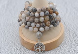 GMN1185 Hand-knotted 8mm, 10mm bamboo leaf agate 108 beads mala necklaces with charm