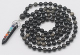 GMN1475 Hand-knotted 8mm, 10mm golden obsidian 108 beads mala necklace with pendant