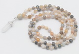 GMN1660 Hand-knotted 6mm bamboo leaf agate 108 beads mala necklaces with pendant