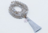 GMN1752 Knotted 8mm, 10mm grey banded agate 108 beads mala necklace with tassel & charm