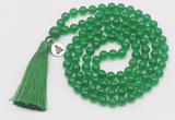 GMN1846 Hand-knotted 8mm candy jade 108 beads mala necklace with tassel & charm