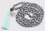 GMN1858 Knotted 8mm, 10mm faceted Tibetan agate 108 beads mala necklace with tassel & charm