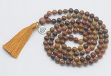 GMN1892 Knotted 8mm, 10mm red moss agate 108 beads mala necklace with tassel & charm