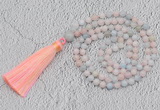 GMN219 Hand-knotted 6mm morganite 108 beads mala necklaces with tassel