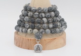 GMN2227 Hand-knotted 8mm, 10mm matte black water jasper 108 beads mala necklace with charm