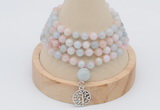 GMN2440 Hand-knotted 6mm morganite 108 beads mala necklace with charm