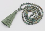 GMN255 Hand-knotted 6mm African turquoise 108 beads mala necklaces with tassel