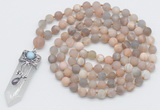 GMN2623 Hand-knotted 8mm, 10mm matte sunstone 108 beads mala necklace with pendant