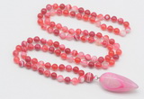 GMN4006 Hand-knotted 8mm, 10mm red banded agate 108 beads mala necklace with pendant
