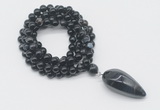 GMN4068 Hand-knotted 8mm, 10mm black banded agate 108 beads mala necklace with pendant