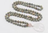 GMN4425 Hand-knotted 8mm, 10mm matte rhyolite 108 beads mala necklace with pendant