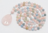 GMN4655 Hand-knotted 8mm, 10mm morganite 108 beads mala necklace with pendant