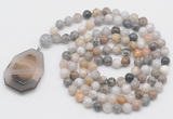 GMN4662 Hand-knotted 8mm, 10mm bamboo leaf agate 108 beads mala necklace with pendant