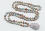 GMN4870 Hand-knotted 8mm, 10mm serpentine jasper 108 beads mala necklace with pendant