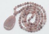 GMN5090 Hand-knotted 8mm, 10mm purple strawberry quartz 108 beads mala necklace with pendant