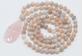 GMN5204 Hand-knotted 8mm, 10mm sunstone 108 beads mala necklace with pendant