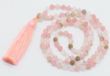 GMN5607 Hand-knotted 6mm matte volcano cherry quartz 108 beads mala necklaces with tassel