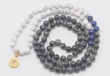 GMN6010 Knotted 8mm, 10mm matte white howlite & black labradorite 108 beads mala necklace with charm