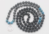 GMN6018 Knotted 8mm, 10mm matte black agate, black labradorite & apatite 108 beads mala necklace with charm