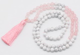 GMN6102 Knotted 8mm, 10mm rose quartz & white howlite 108 beads mala necklace with tassel