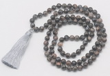 GMN6131 Knotted 8mm, 10mm grey opal 108 beads mala necklace with tassel