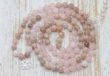 GMN6155 Knotted 8mm, 10mm sunstone, rose quartz & white jade 108 beads mala necklace with charm