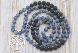 GMN6164 Knotted 8mm, 10mm blue spot stone & black lava 108 beads mala necklace with charm