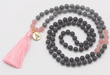 GMN6217 Knotted matte black agate, black labradorite & rose quartz 108 beads mala necklace with tassel & charm