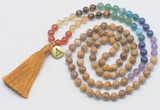 GMN6225 Knotted 7 Chakra picture jasper 108 beads mala necklace with tassel & charm
