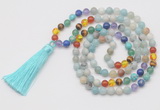 GMN6239 Knotted 7 Chakra 8mm, 10mm amazonite 108 beads mala necklace with tassel