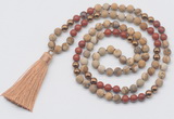 GMN6246 Knotted 8mm, 10mm matte picture jasper & red jasper 108 beads mala necklace with tassel