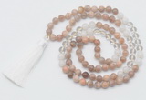 GMN6254 Knotted 8mm, 10mm sunstone, white crystal & white jade 108 beads mala necklace with tassel
