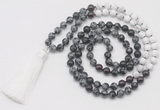 GMN6259 Knotted 8mm, 10mm snowflake obsidian, garnet & matte white howlite 108 beads mala necklace with tassel