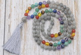 GMN6337 Knotted 7 Chakra 8mm, 10mm labradorite 108 beads mala necklace with tassel