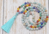 GMN6339 Knotted 7 Chakra 8mm, 10mm amazonite 108 beads mala necklace with tassel