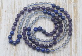 GMN6400 Hand-knotted 8mm, 10mm amethyst, white crystal & lapis lazuli 108 beads mala necklaces
