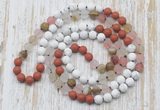 GMN6405 Hand-knotted 8mm, 10mm white howlite, cherry quartz & red jasper 108 beads mala necklaces