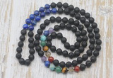 GMN6428 Hand-knotted 7 Chakra 8mm, 10mm black lava & lapis lazuli 108 beads mala necklaces