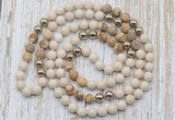 GMN6445 Hand-knotted 8mm, 10mm white fossil jasper & picture jasper 108 beads mala necklaces